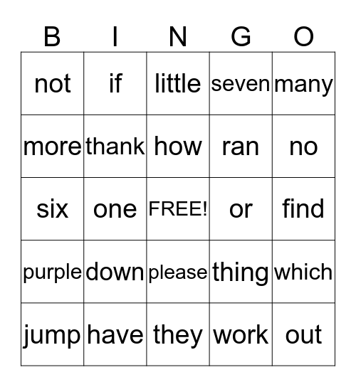 Sight Words Bingo Card