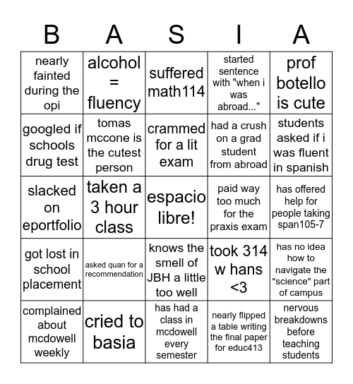 Spanish ed majors!! Bingo Card