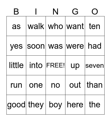 Sight Words Bingo Card