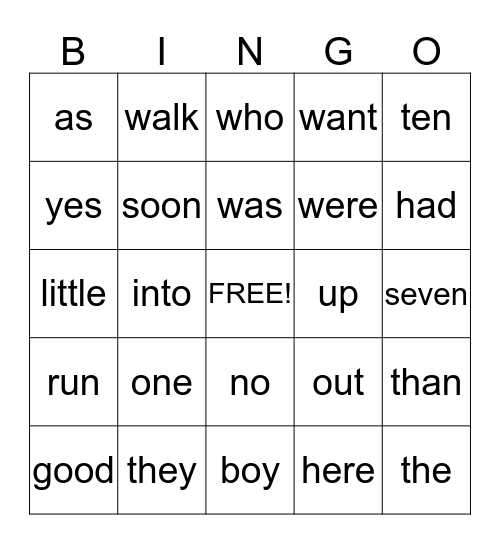 Sight Words Bingo Card