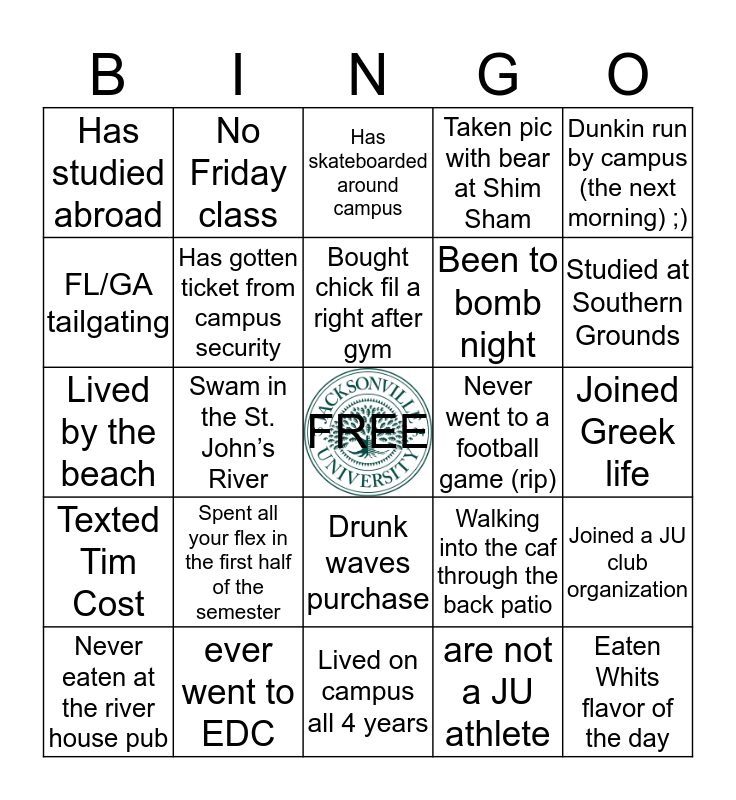 Jacksonville University Bingo Card