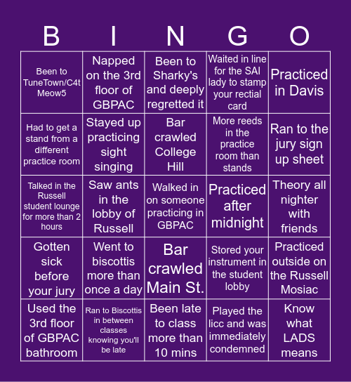 UNI School of Music Bingo Card