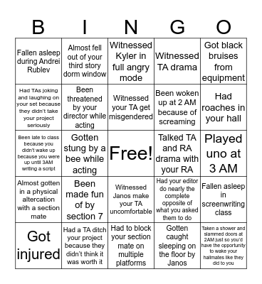 UNCSA Summer Intensive Bingo Card