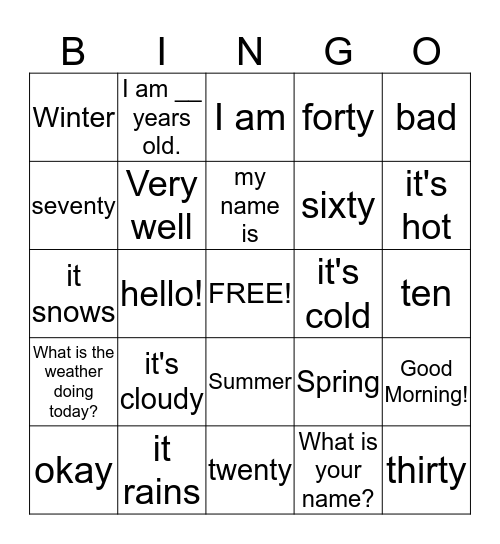 Summer greetings, numbers and weather expressions Bingo Card