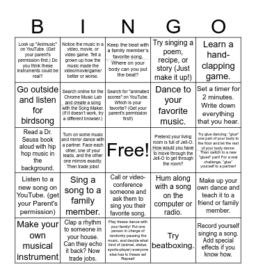 Spring Break Music Bingo Card