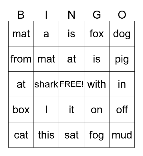 Sight Words Bingo Card