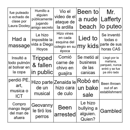 Never Have I Ever Bingo Card