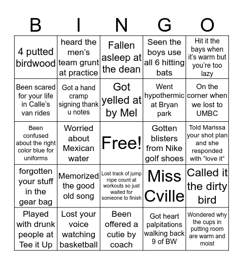 UVA GOLF BINGO Card