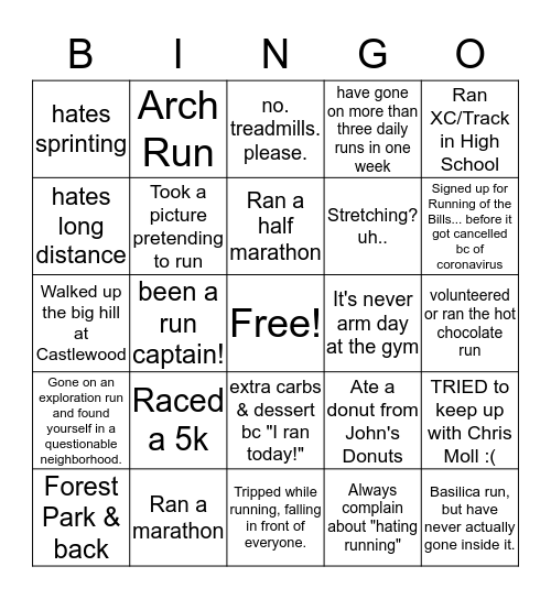 Running Club Bingo Card
