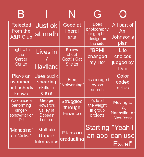 Berklee Music Business Major Bingo Card