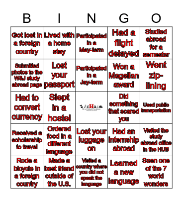 W&J Travel Bingo Card