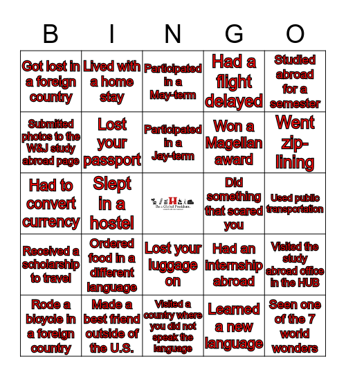 W&J Travel Bingo Card