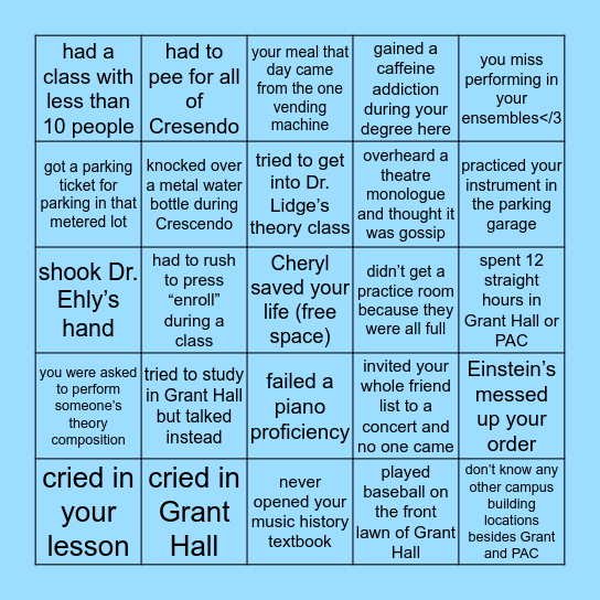 UMKC Conservatory Bingo Card