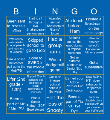 Pine View Bingo Card