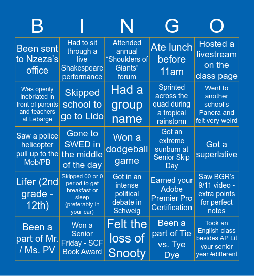 Pine View Bingo Card