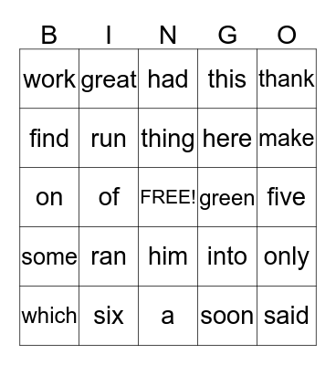 Sight Words Bingo Card