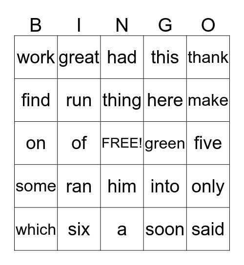 Sight Words Bingo Card