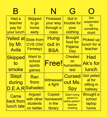 FENWAY HS Bingo Card