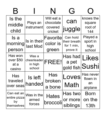 Getting to know you  Bingo Card