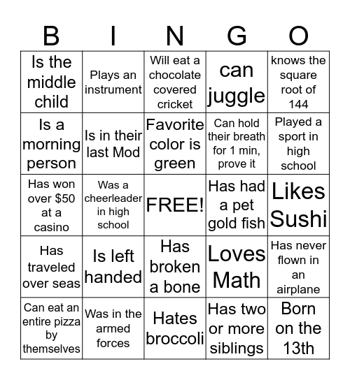 Getting to know you  Bingo Card