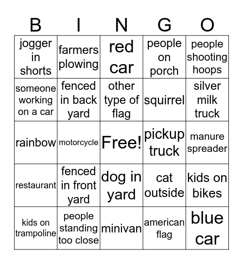 Car Ride Bingo Card