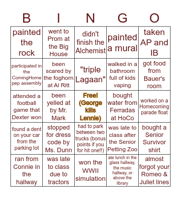 Dexter High School Bingo Card