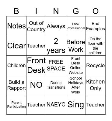 Apple Creek Preschool  Bingo Card