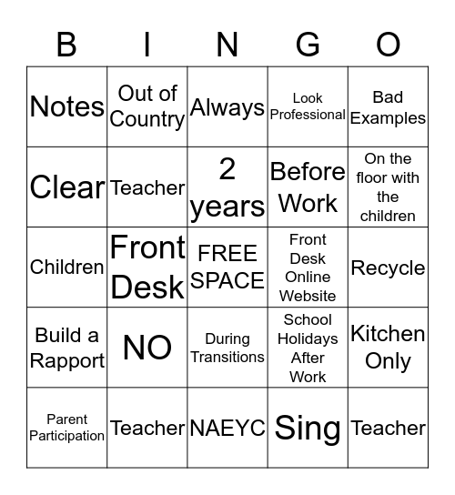 Apple Creek Preschool  Bingo Card