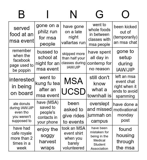 MSA UCSD Bingo Card