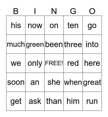 Sight Words Bingo Card