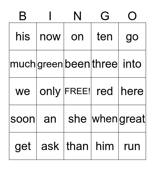 Sight Words Bingo Card