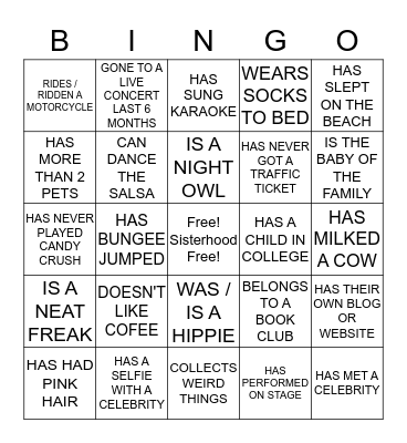 The Sisterhood Tribe Virtual Bingo Card