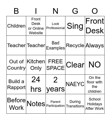 Apple Creek Preschool  Bingo Card