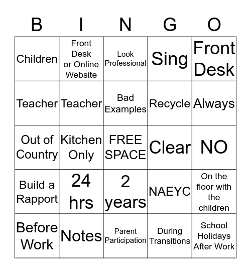 Apple Creek Preschool  Bingo Card