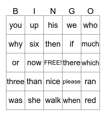 Sight Words Bingo Card