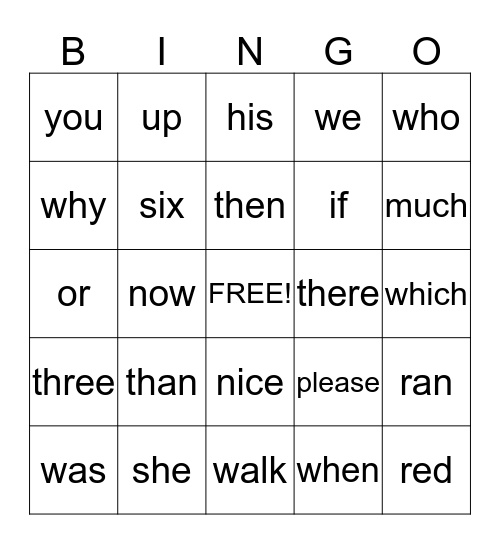 Sight Words Bingo Card