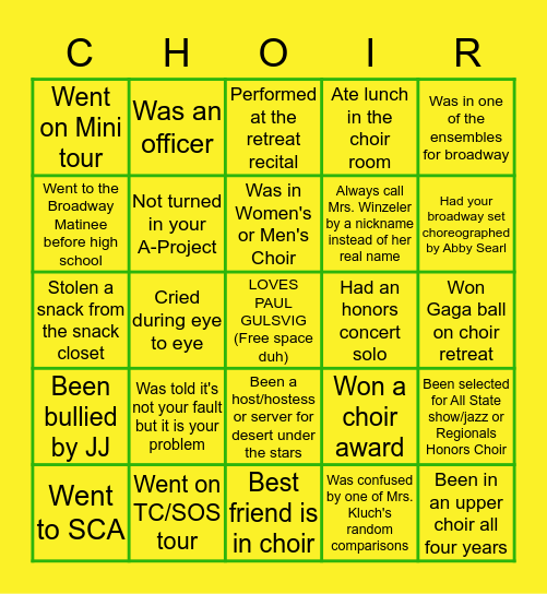 Horizon Choir Bingo Card