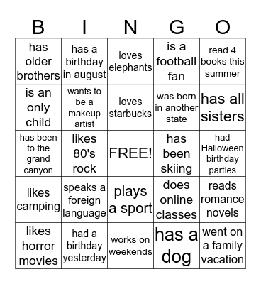 People finder Bingo Card