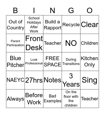 Apple Creek Preschool  Bingo Card