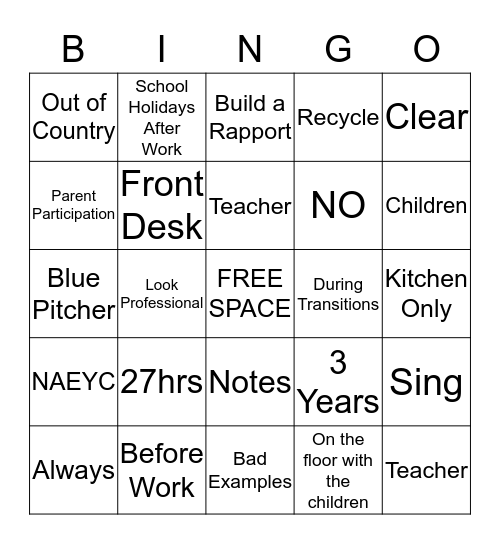 Apple Creek Preschool  Bingo Card