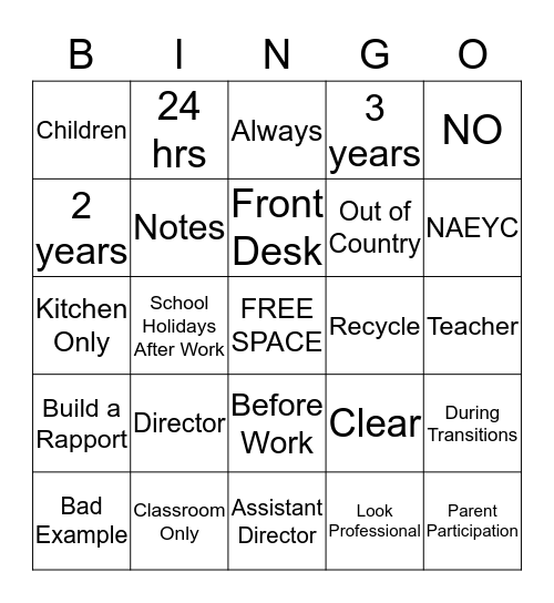 Apple Creek Preschool  Bingo Card