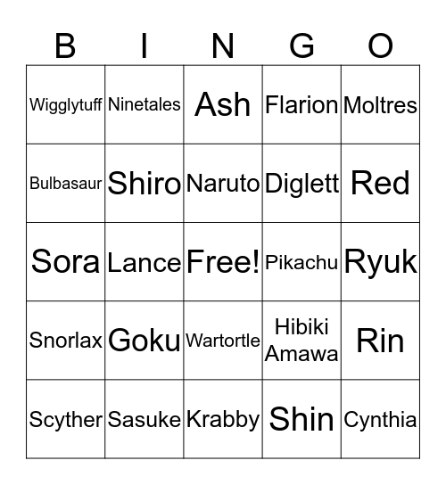 Anime/Pokemon Bingo Card