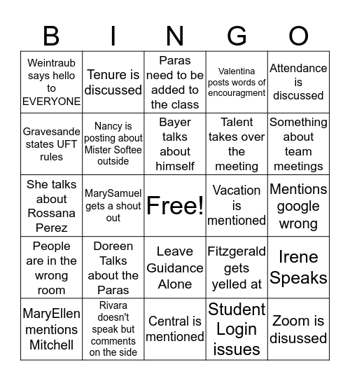 Staff Meeting Bingo Card