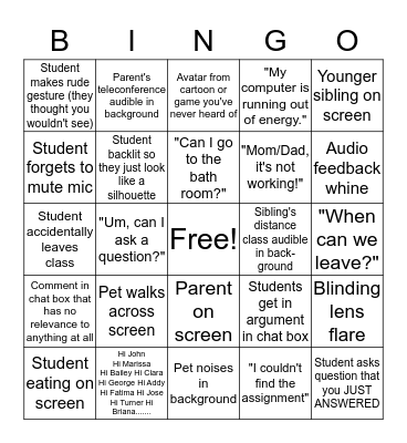 Distance Learning Bingo Card