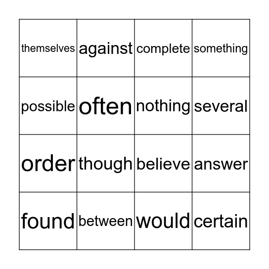 High Frequency Words Bingo Card