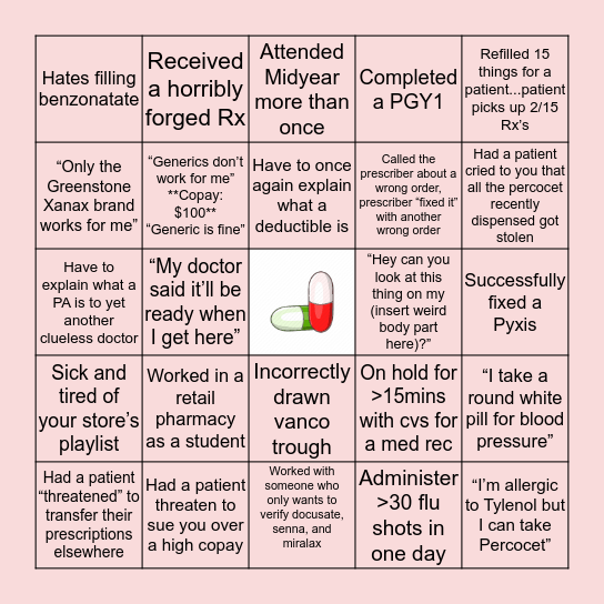 Pharmacy Bingo Card