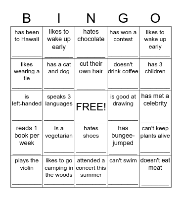 "Get to Know You" Bingo  Bingo Card