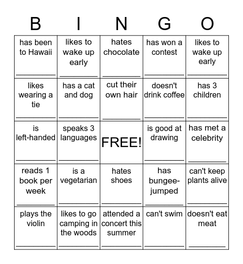 "Get to Know You" Bingo  Bingo Card