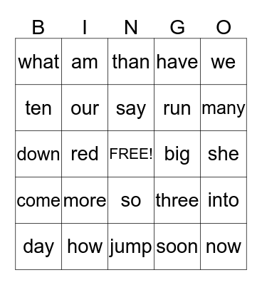 Sight Words Bingo Card