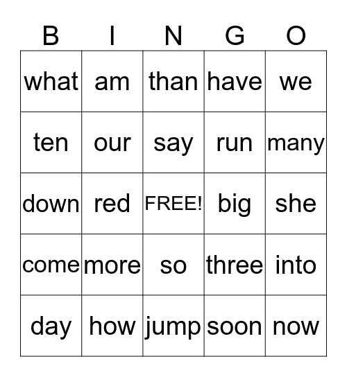 Sight Words Bingo Card